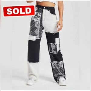 Paisley Print Patchwork Print Boyfriend Jeans